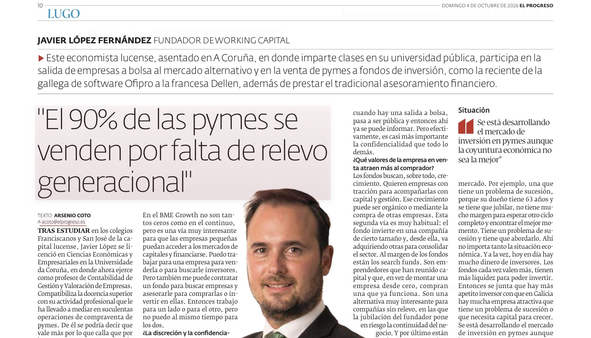 Entrevista a Javier López, fundador de Working Capital, en el diario El Progreso